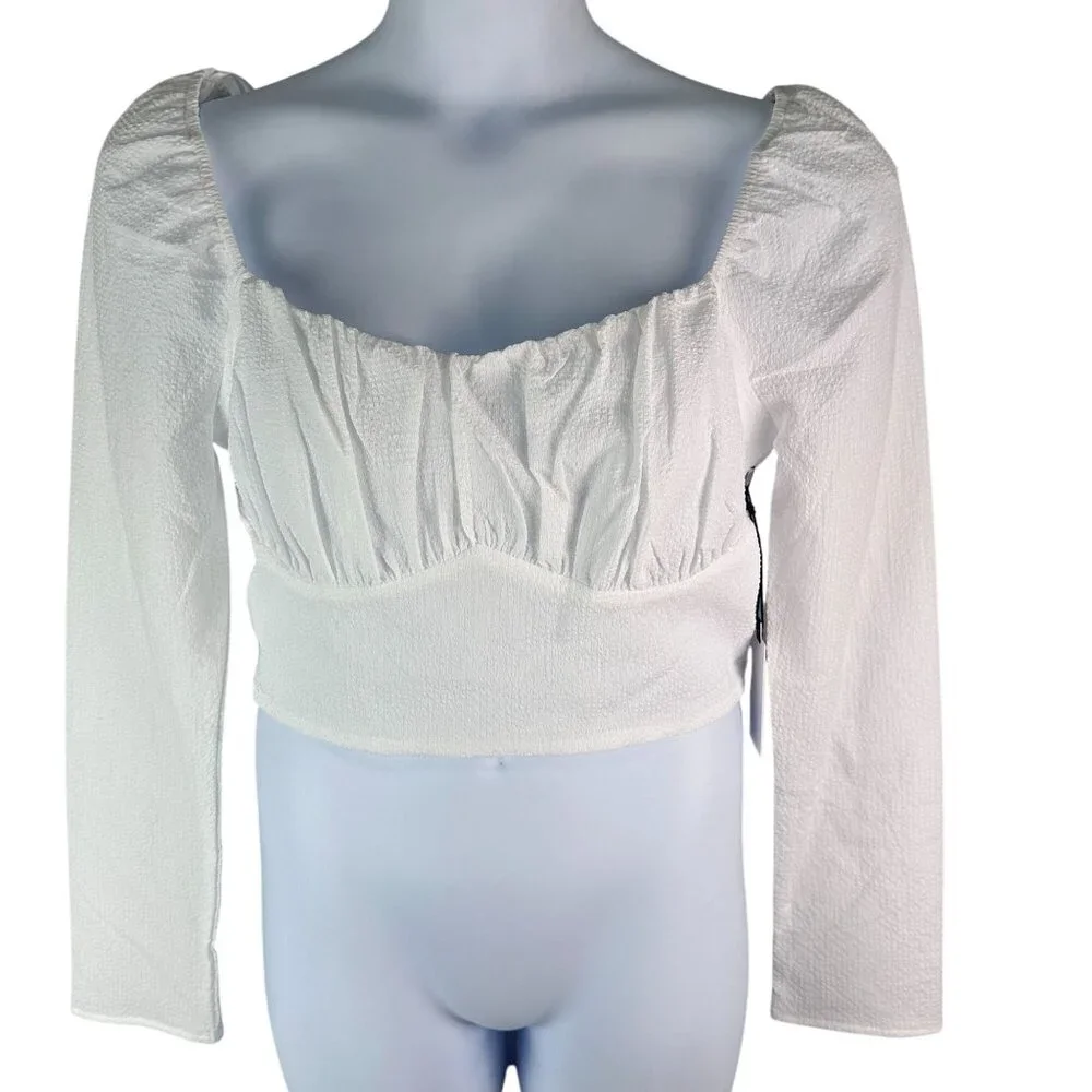 ASTR The Label Long Sleeve Sweetheart Neck White Smocked Crop Top XL NWT